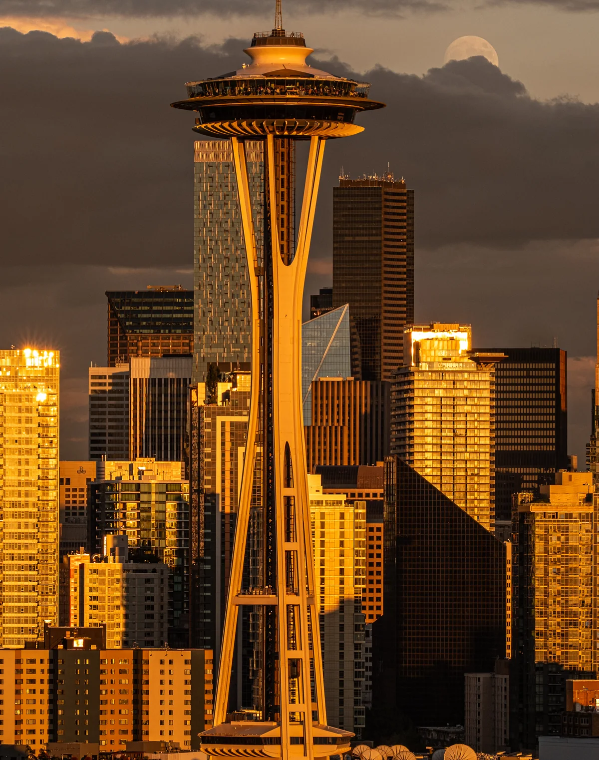 Space Needle and downtown Seattle, Washington skyline at golden hour